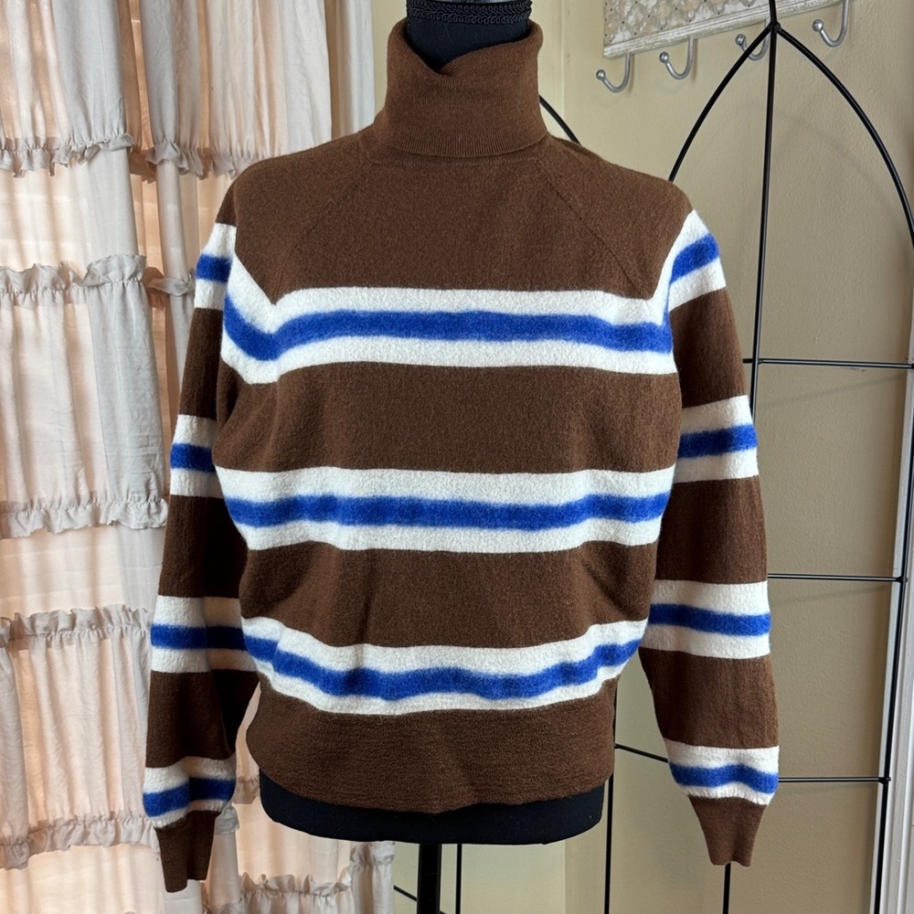 J.Crew Brown and Blue Turtleneck Sweater in Striped Boiled Wool Size Small